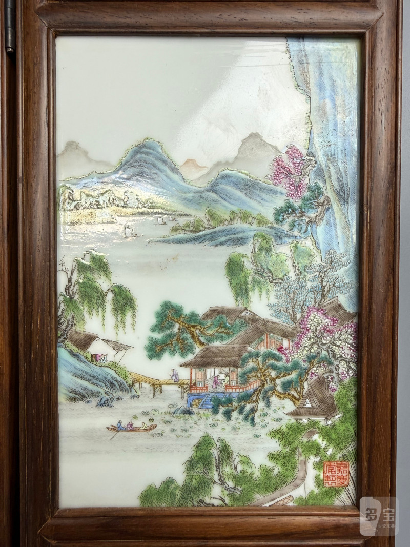 民国  粉彩山水人物图砚屏（一组四件） - 图3